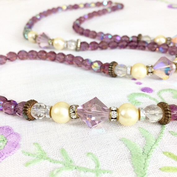 French Iridescent Glass Bead Necklace. Vintage Purple Aurora