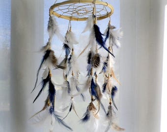 Baby mobile boy crib mobile dream catcher mobile rustic tribal nursery mobile navy blue white gray feather mobile baby shower gift