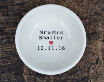 Handpainted personalised ring dish, names and date, a beautiful wedding gift