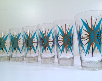 Mid-Century Atomic Turquoise and 22-Karat Gold Starburst Glasses (Set of 6)