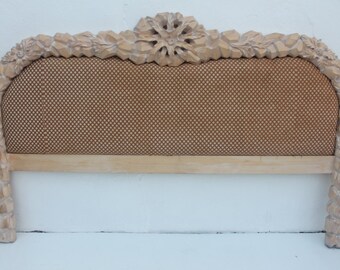 Vintage Hollywood Regency Hand Carved Wood King Size Headboard.