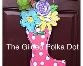 Rainboot Door Hanger, Spring flowers Door Hanger, Spring Door Hanger, spring wreath