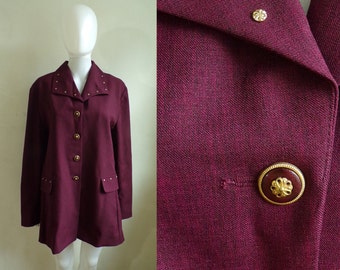 40%offAug15-17 80s burgundy jacket size large, woven military blazer jacket, 1980s gold details womens jacket, lightweight minimalist