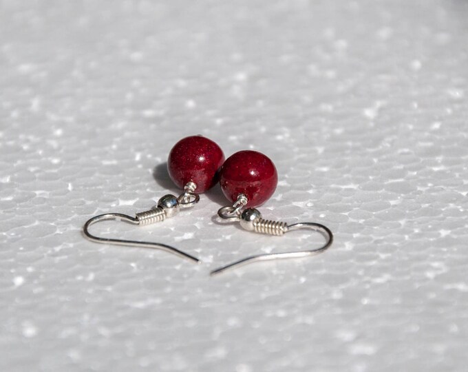 Dark red earrings, Wine earrings, Ruby red earrings, Red ball earrings, Small red earrings / 925 sterling silver ear wires