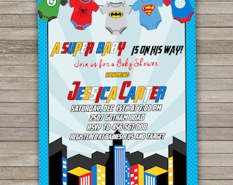 Superhero Baby Shower Invitation, Super hero Baby Shower Invitation, Baby Superhero Shower, Superhero Onesie, Superhero Invitation Printable