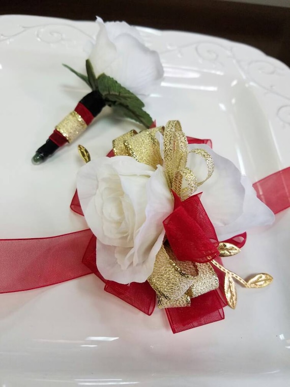 Red White Gold Homecoming Corsage Set Wrist Corsage with