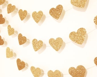 Gold glitter heart garland, Valentine's Day Garland, gold wedding garland