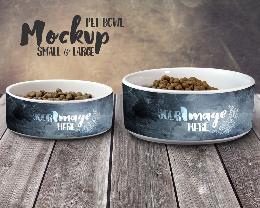 Large and small ceramic pet bowl with food template mockup