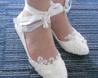 Lace-up Custom Lace Flower Pearls Wedding Shoes Party shoes Bridal shoes Lace Flat Foot Ring Wedding Shoes