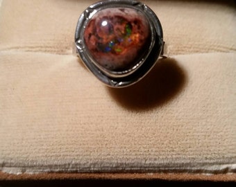 Mexican opal ring, silver ring, fire opal ring,
