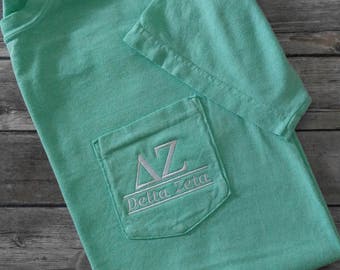 Sorority shirts, Delta Zeta, Sorority T Shirt, Sorority Bid Day, Pocket T Shirt, Monogrammed Pocket T, Personalized T Shirt