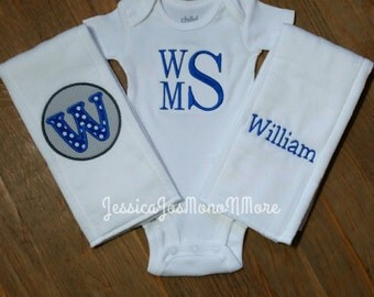 Monogram Baby Gift Set-Monogram Bodysuit and Burp Cloths-Baby Boy-Baby Girl-Baby Gift Set