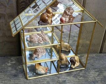 Vintage Brass and Glass Mirrored Curio Display Case Terrarium House. Wade Whimsies Included.