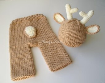 Baby Deer Outfit/Knit Deer Set/Baby Deer Costume/Newborn deer outfit/Deer pants/Baby Deer Hat/Knit Deer Hat/Baby Deer Set/Knit Deer Outfit