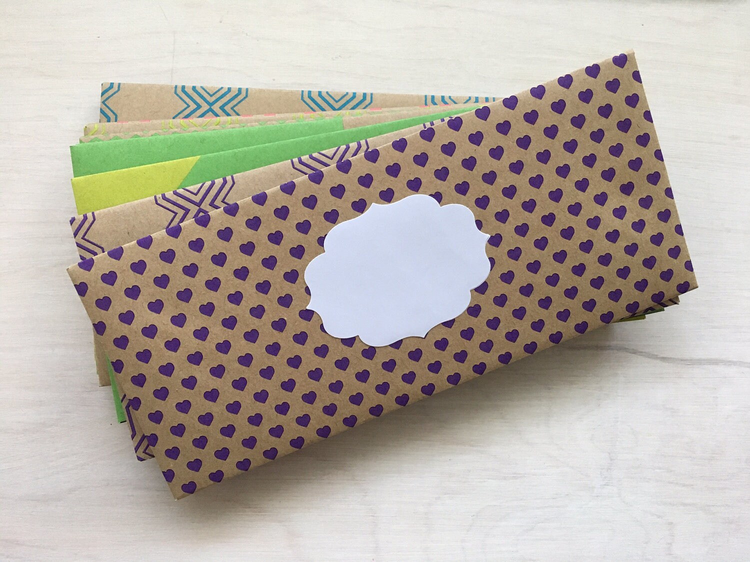 Multicolored cash envelopes set of 10 with white labels. Handmade