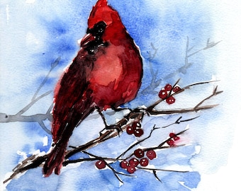 Red cardinal watercolor, bird watercolor original art, bird wall art, bird painting, A4 bird art