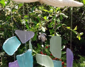 Sea glass wind chime, sun catcher, windchime, with silver sea turtle or sea horse, unique garden decoration