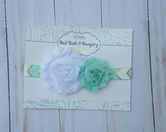 Mint and white chic flower baby headband- ready to ship, baby headband, infant headband, newborn headband, modern baby, baby headwrap