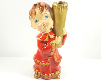 Vintage Red Choir Boy Candle Stick Holder. Christmas Candle Holder. Kitsch Christmas Decorations. Made in Japan. Vintage Paper Mache.