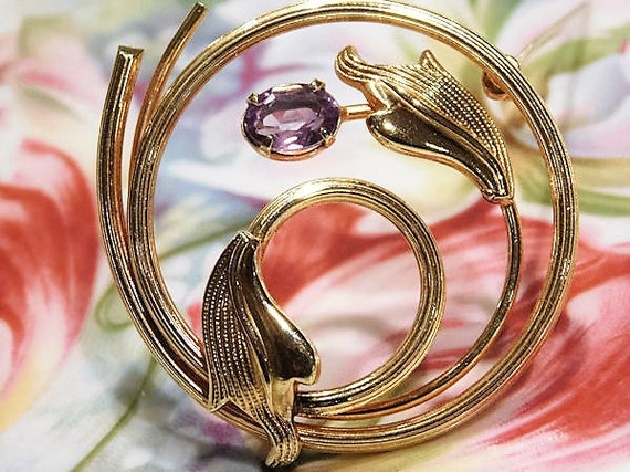 1940s Art Deco Amethyst Brooch Pin AMCO 14K Gold Filled GF Brooch February Birthstone Antique Estate Heirloom Wedding Bride Bridal Jewelry