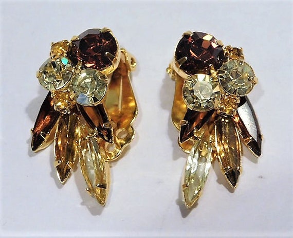 1960s Rhinestone Clip On Earrings Mid Century Vintage Honey Amber Topaz Cognac Root Beer Lemon Yellow Tangerine Color Rhinestones Earrings