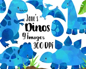 Watercolor Dinosaurs Clipart - Blue Dinosaur Download - Instant Download - T-Rex, Brontosaurus - Triceratops - Pterodactyl