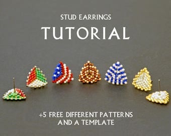 Seed Bead Stud Earring Tutorial Simple Beading Pattern Weaving Instruction Beginner Triangle Beadwork Small DIY Jewelry Free Template How to