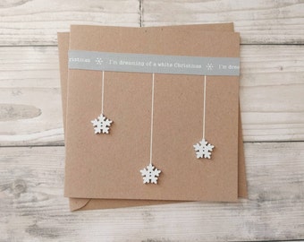 Handmade White Christmas snowflake Christmas card - wooden snowflake buttons