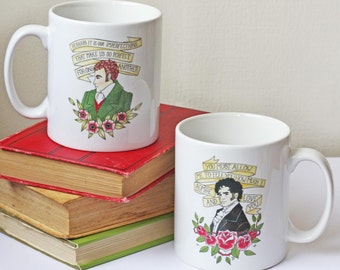 Mug - Jane Austen Hero Illustration Mug - Mr Darcy, Mr Knightley - Pride and Prejudice, Emma Quotations - Book Lover Gift - Tattoo Vintage