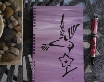 Hand Painted Spiral Journal; FREE SHIPPING; Wire Bound Blank Notebook; Writing Journal, Small Sketchbook, Unique Gift; Hummingbird Shape