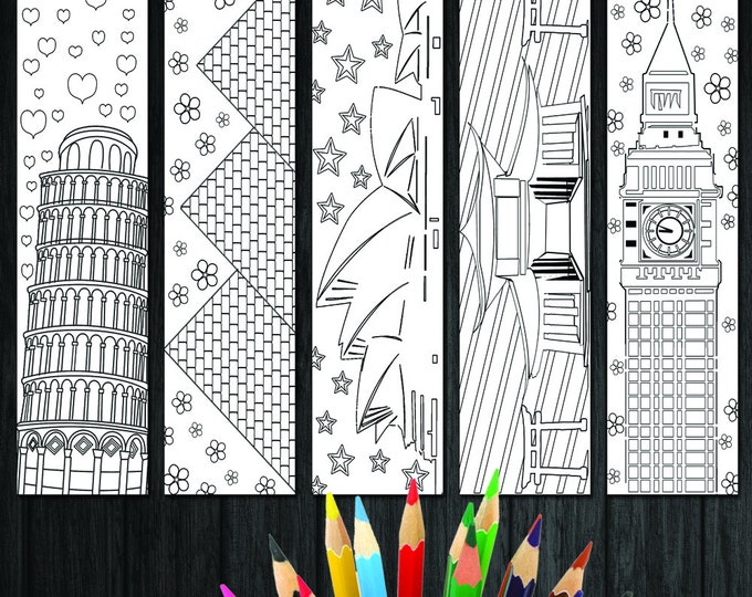 World Landmark Coloring Bookmarks, Pisa Tower, Pyramids, Sydney Opera, Big Ben, Japanese Temple