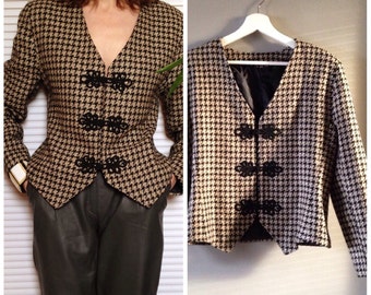 Jacket blazer vintage Tweed houndstooth beige and black trimmings ground (38/40 - M)