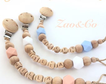 Dummy clip pacifier chain holder wood silicone personalized name baby gift -attache sucette tetine-portacuccio -schnullerkette -chupetero