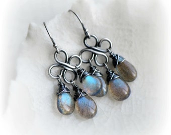 Labradorite Earrings, Blue Labradorite Dangle Earrings, Small Wire Wrapped Labradorite Earrings Oxidised Silver, Gift for Her by Blissaria