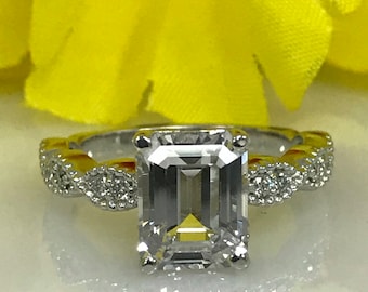 Moissanite Emerald Cut Engagement Ring 2.50 ctw. Forever One with Milgrain Design in 14k White Gold #5018