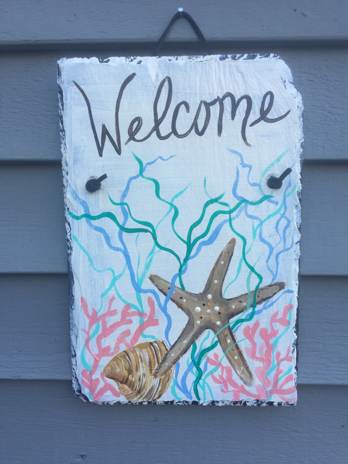 starfish shell slate welcome sign, 12 x 8 painted slate, door starfish shell slate welcome sign, 12 x 8 painted slate, door