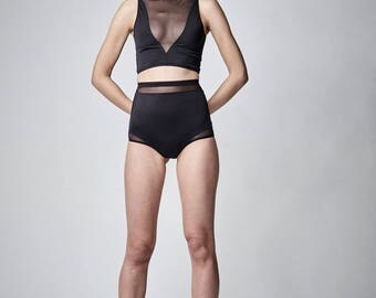 High Waisted Bikini Bottom, High Waisted Swimsuit, Black Bikini Bottom, High Cut Swimsuit, High Cut Bikini, Retro Swimwear Black Mesh Bikini