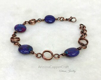 Mohave Purple Turquoise Bracelet, Kingman Turquoise, Copper Wire Jewelry, Ready To Ship, Most Sold Item, ArizonaCopperCraft, FREE SHIPPING