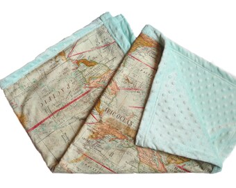 Map Minky Baby Blanket, Gender neutral baby, World Map blanket, travel theme blanket, expedition blanket, boy blanket, girl blanket, unisex