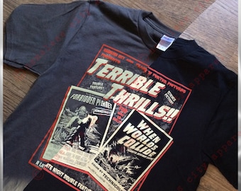 Rocky Horror Picture Show - Terrible Thrills!! A science fiction double feature 50's vintage style horror t shirt - nameless city apparel