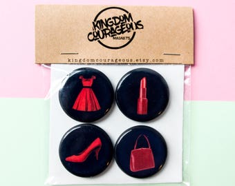 Retro Vintage Magnets Feminine 1940s Red Dress Lipstick Heels Pumps Purse Handmade Gift Set Magnets Magnet Andy Warhol Pop Culture Decor