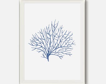 Navy Blue Art, Coral Print, Coastal Decor, Seaweed Illustration, Beach Nautical, Coral Printable, Sea life digital Print, Ocean Plant Life