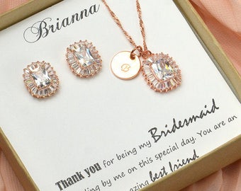Bridesmaid gifts jewelry set Bridal Jewelry set square Crystal Wedding Jewelry Rose gold Bracelet silver Gold Bridal Earrings Jewelry set