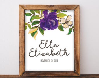 Baby Name Sign - Baby Name Print - Girl Name Sign - Custom Name Sign - Floral Name Art - Nursery Name Sign - Digital Files - 8x10 Printable
