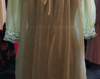 Vintage 1960s Lingerie by Hamilton Lime Peignoir Nightie Negligee with Embroidered Flower Detail - Size Large