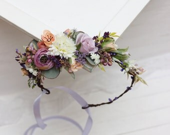Peach lilac white flower crown Floral crown Spring wedding Flower hair wreath Bridal halo Bridesmaid crown Flower girl headpiece Headband