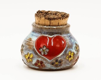 Heart with Flowers Stash Jar | Stash Jar | Herb Jar | Cork Jar | Pottery | Ceramic | Stoneware | Pottery Cork Jar | Ceramic Cork Jar