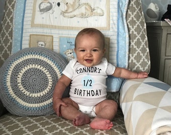 Half Birthday Onesie with Name - Cupcake Birthday Shirt - Personalized 1/2 Birthday Onesie - 38 TEXT COLORS AVAILABLE!