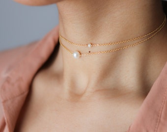Dainty Gold Pearl Choker Necklace - Layering Necklace Set - Bohemian Jewelry - Freshwater Pearl Necklace - Delicate Chain Choker