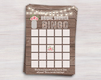 Bridal Shower Bingo, Rustic Mason Jar Bridal shower Games, Blank Bingo, Funny Bachelorette activities, Wedding shower ideas, String Lights
